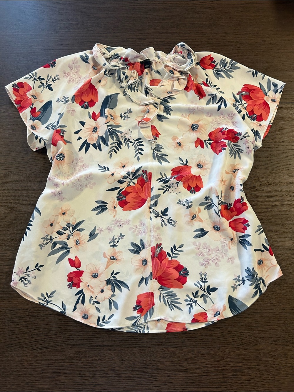 Ann Taylor Women Cream Floral Ruffle-Neck Short Sleeve Top Blouse Size Large